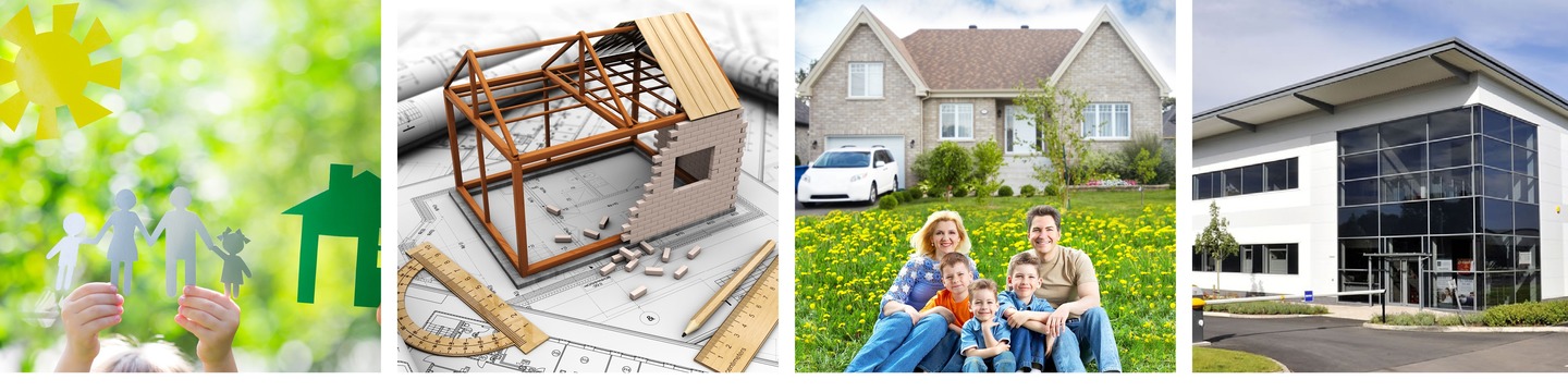 Local Plan Banner showing house building, family infront of house, cut out paper family, and industrial unit