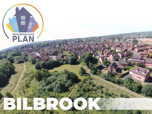Bilbrook Neighbourhood Plan Image, view of the village taken from above with the village name and neighbourhood plan logo overlain